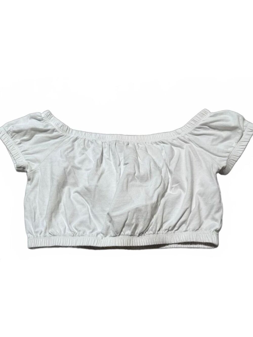 Forever 21 White Ruched Pilgrim Blouse Short Sleeve Belly Top (M)